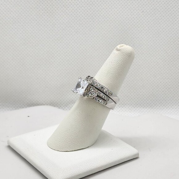 Brand New Sterling Silver 925 Square 3 Heart 2pc Set Ring - Picture 2 of 6